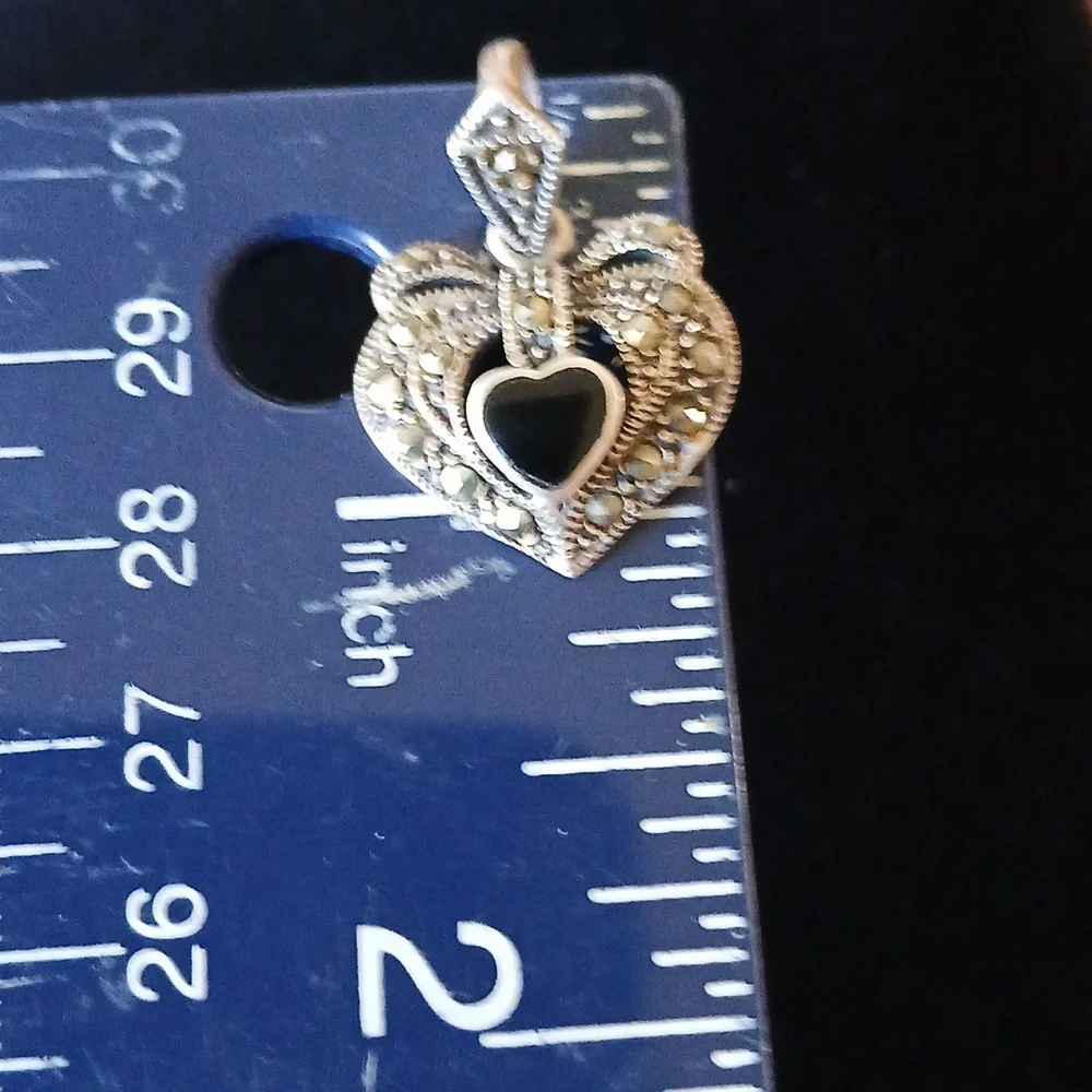 Vintage Sterling Silver Black Onyx Heart Marcasite Heart Pendant